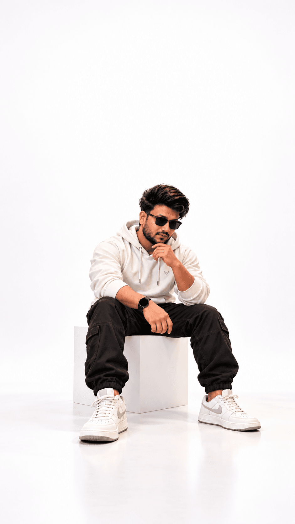 Portrait of Mohd Mohsin, the ARTHVERO founder standing in a sunlit, minimalist office space, wearing elegant smart-casual attire, surrounded by premium wood and matte metal furniture.